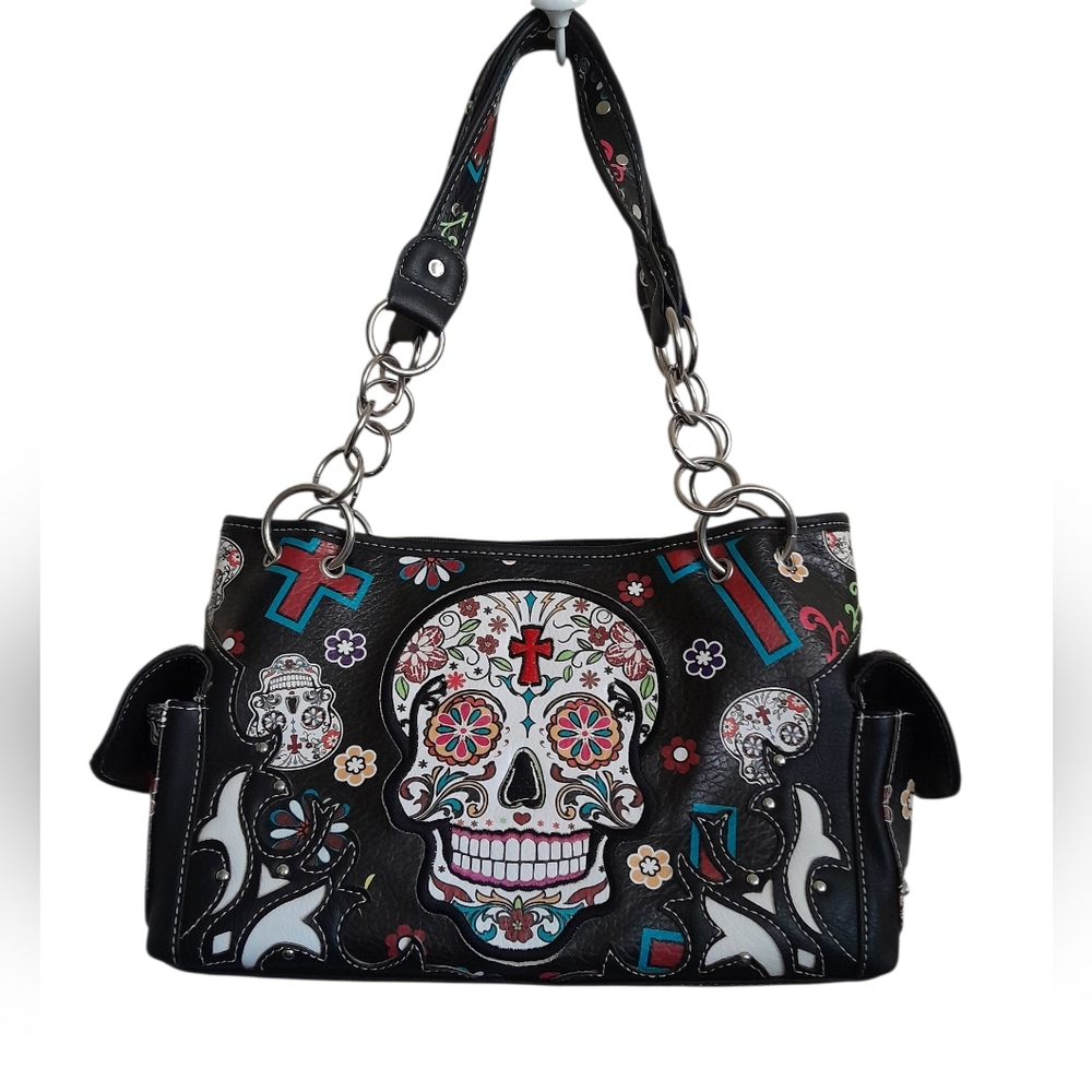 Cowgirl Trendy Floral Skull  Black Shoulder Bag